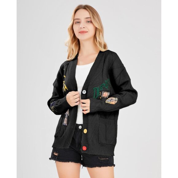 Womens Cable Knit Long Sleeve Open Front Sheep V-Neck Button Embroidery Sweater - Picture 4 of 4